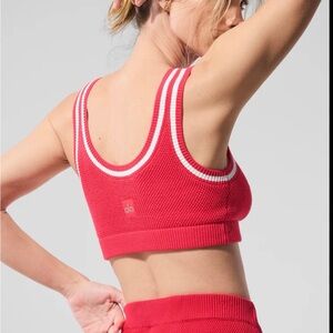 NWT —- ALO Tennis Club Sweater Knit Bra - Red Sports Bra with White Accents